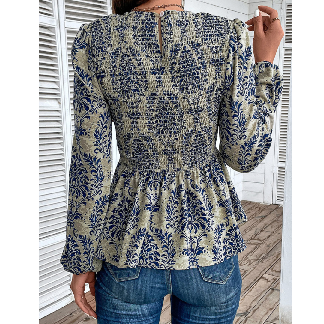 Sky So Blue,  Boho Printed Balloon Sleeve Smocked Peplum Blouse