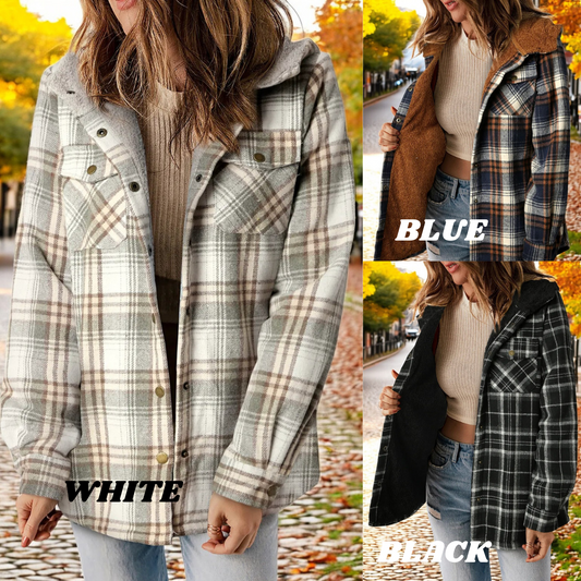 No Match For Cold Weather, Long Sleeve Plaid Hoodie Jacket with Sherpa Lining