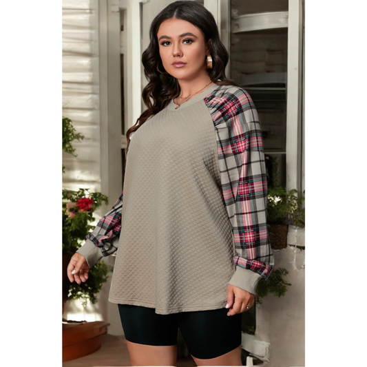 Playing The Cool Girl Card, Long Plaid Sleeve Top (1X-3X)