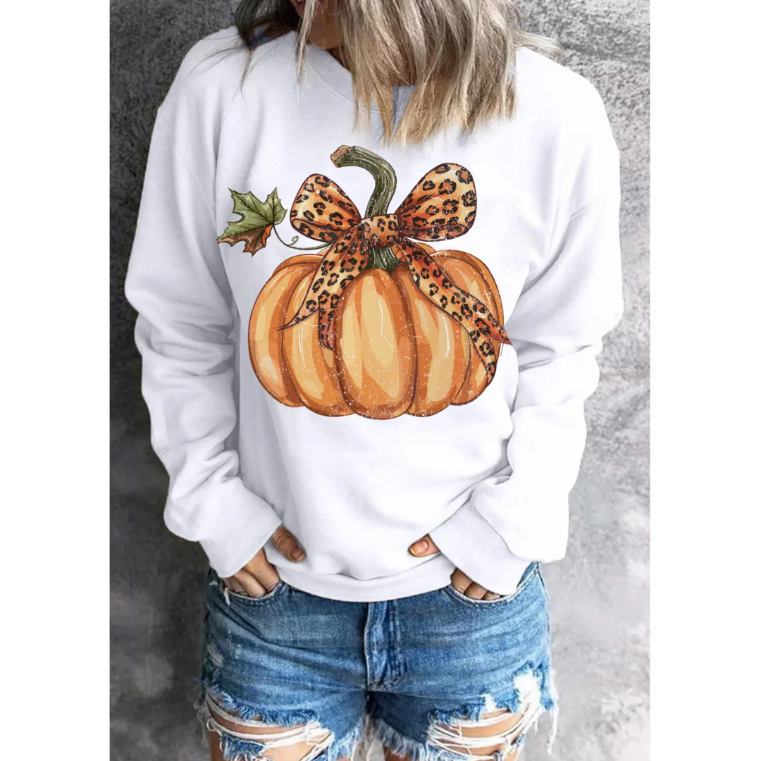 Falling For Fall, Leopard Bowtie Pumpkin Pullover