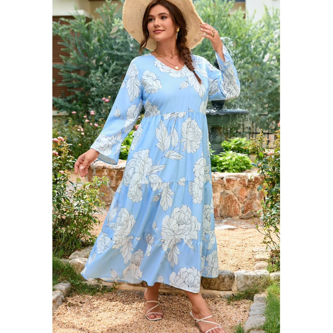 Blue Skies & Blooms, Long Sleeve Tiered Maxi Dress