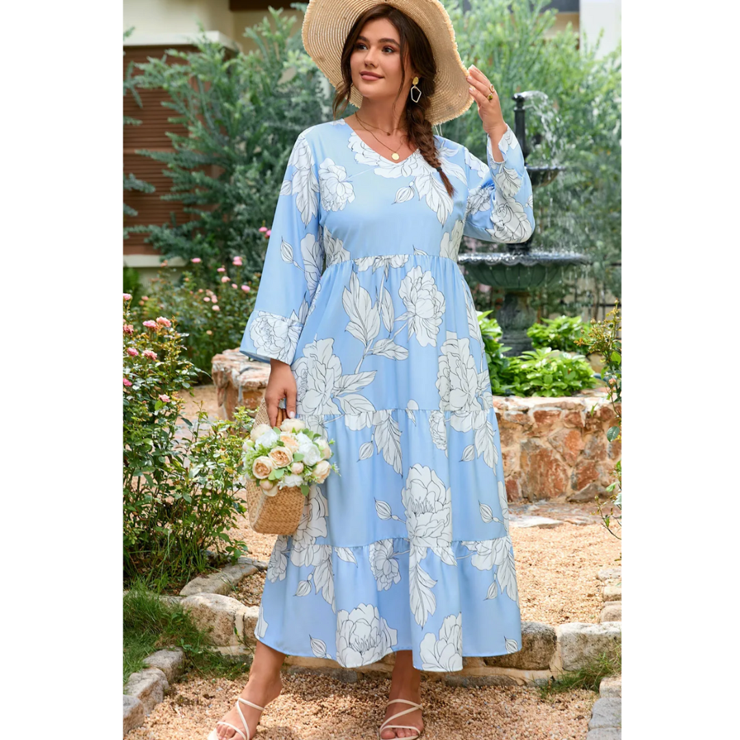 Blue Skies & Blooms, Long Sleeve Tiered Maxi Dress