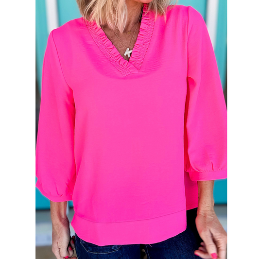 All the Right Details, 3/4 Sleeve Ruffle V Neck Top