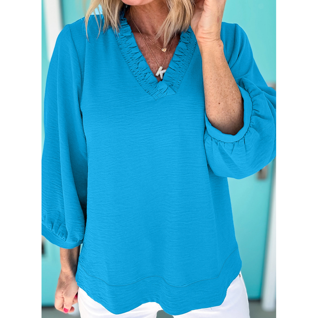 All the Right Details, 3/4 Sleeve Ruffle V Neck Top