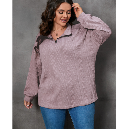 Perfectly Perfect, Long Sleeve Textured Zip Pullover (1X-3X)