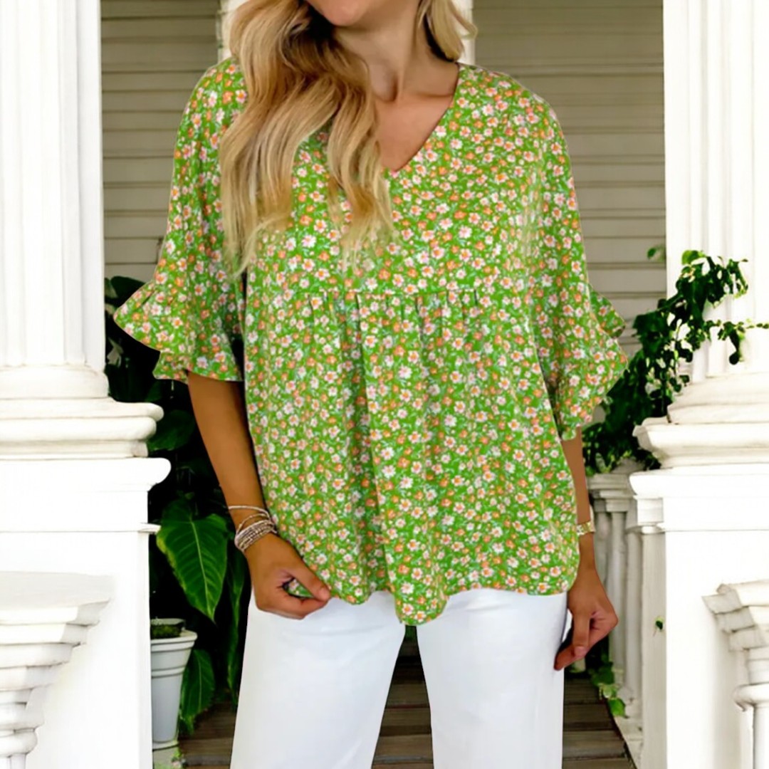 Country Road Take Me Home, Short Ruffle Sleeve Floral Blouse