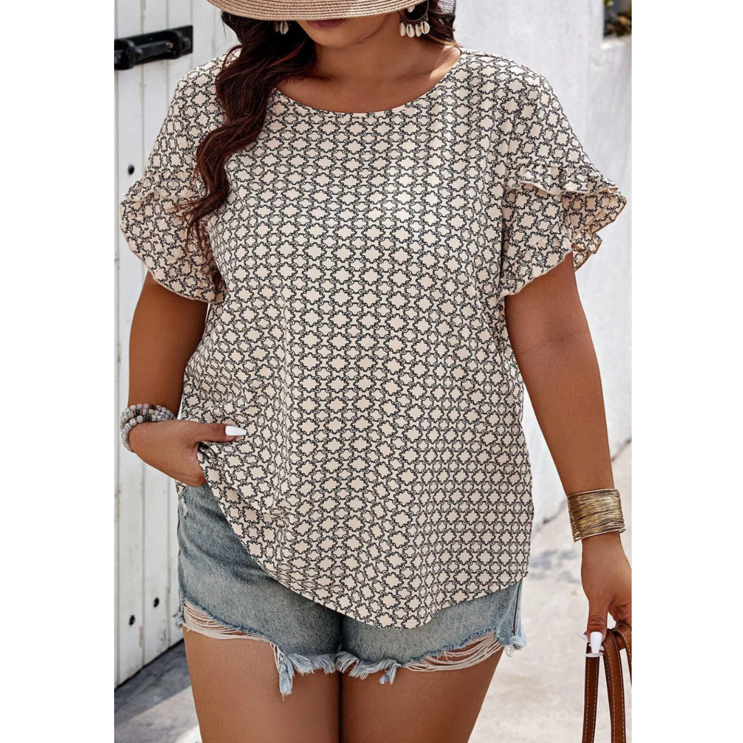 In Your Future, Short Ruffle Sleeve Geometric Top