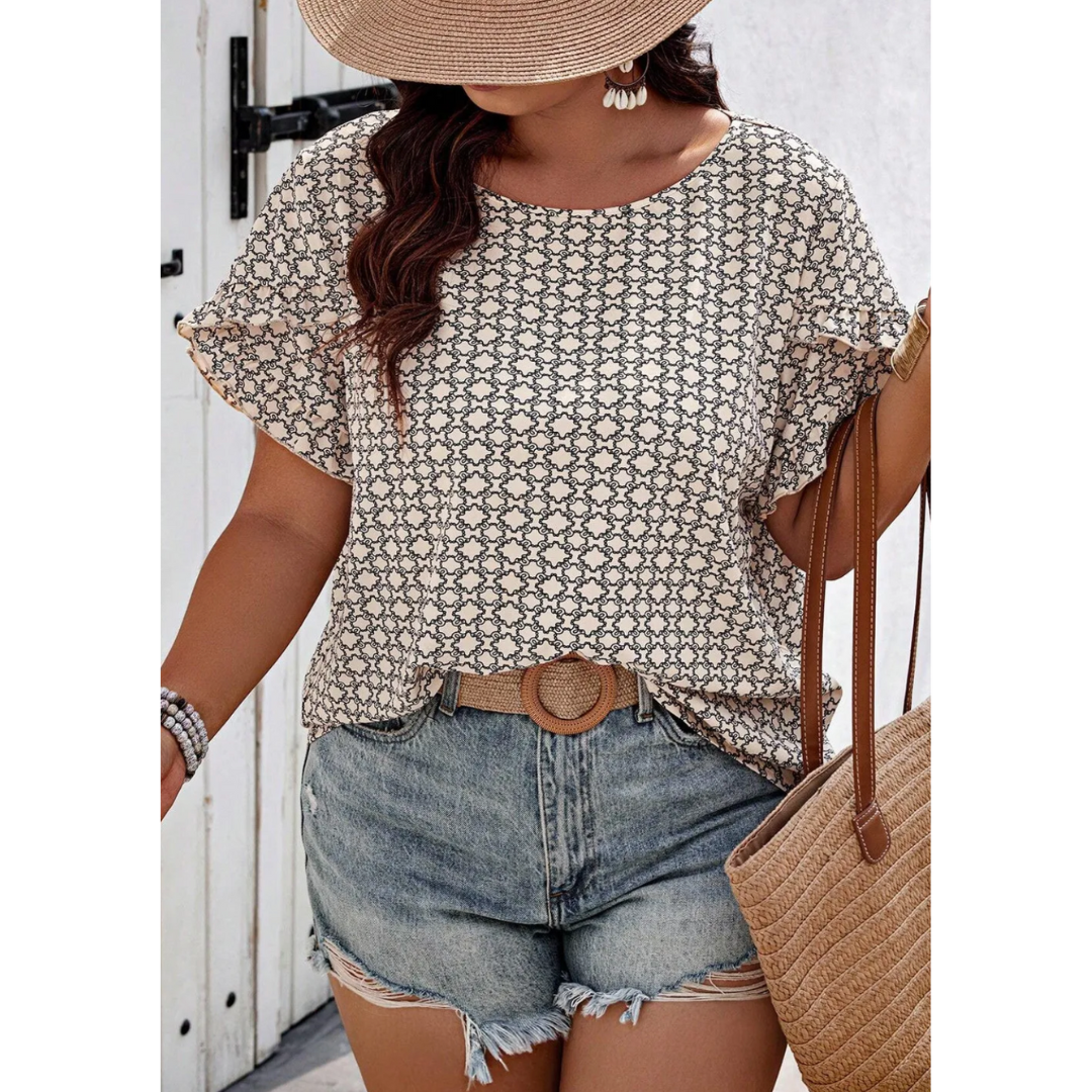 In Your Future, Short Ruffle Sleeve Geometric Top