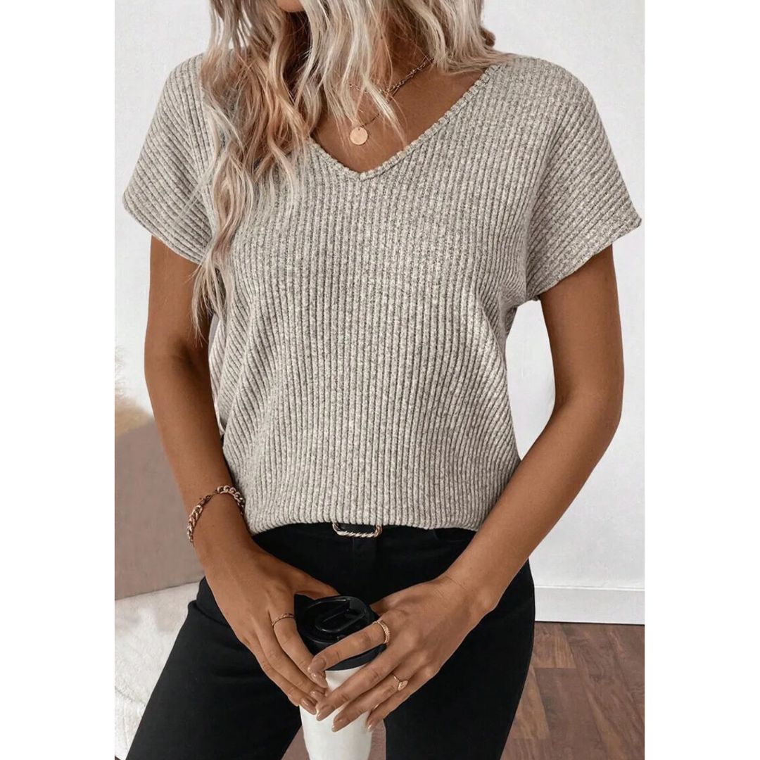 The Dreamer, Short Sleeve Ribbed V Neck Top with Back Bowtie