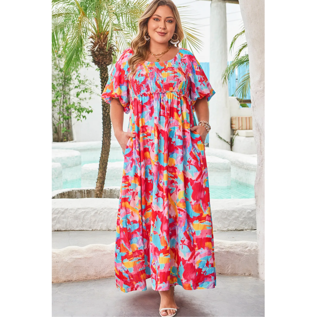 More Beautiful Days Ahead, Short Sleeve Floral Abstract Maxi Dress (1X-4X)