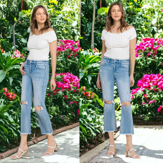 Effortless Style, High Rise Frayed Hem Crop Straight Jeans
