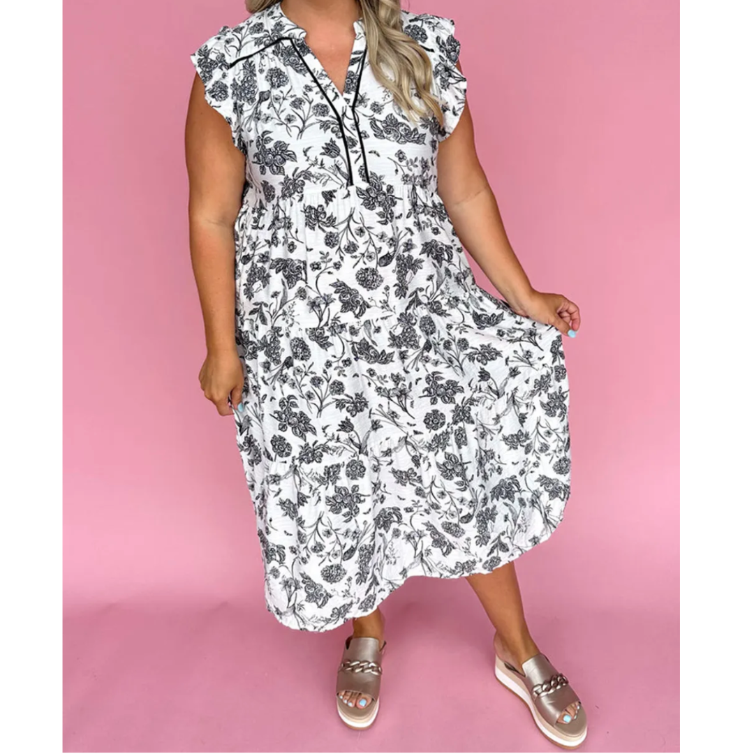 Be Genuine, Short Ruffle Sleeve V Neck Midi Dress (1X-4X)