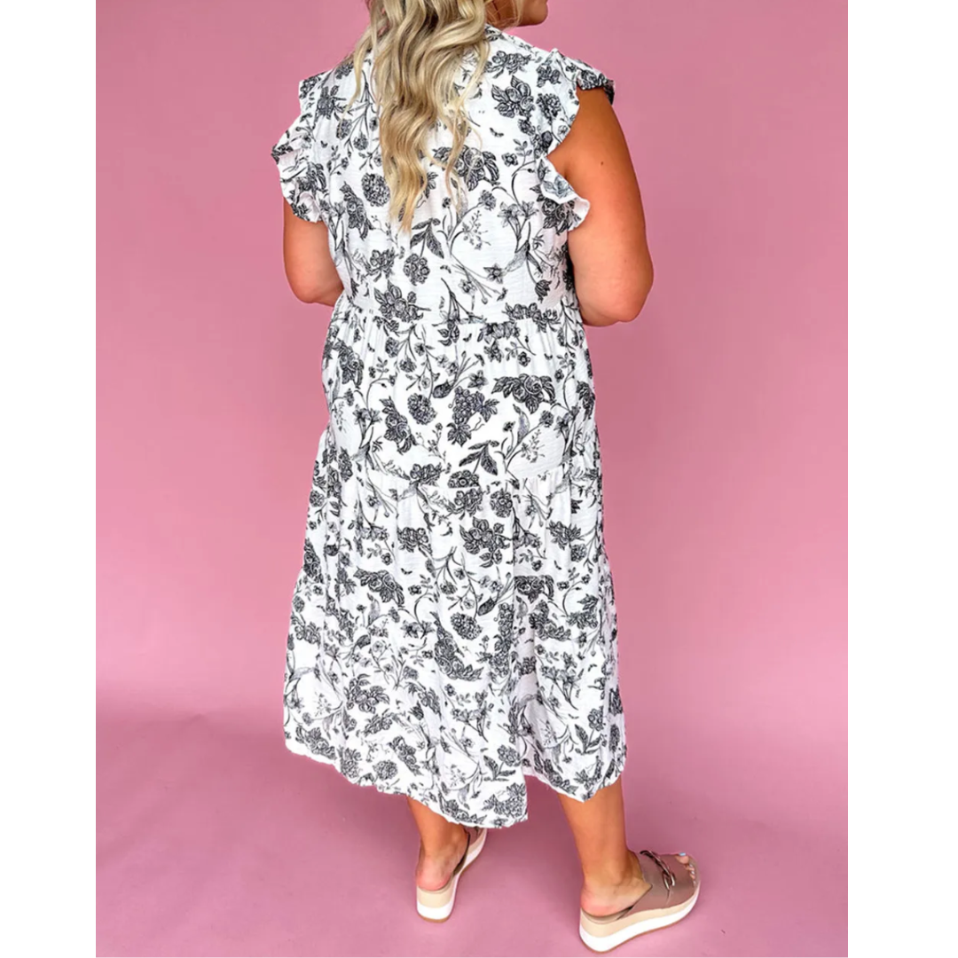 Be Genuine, Short Ruffle Sleeve V Neck Midi Dress (1X-4X)