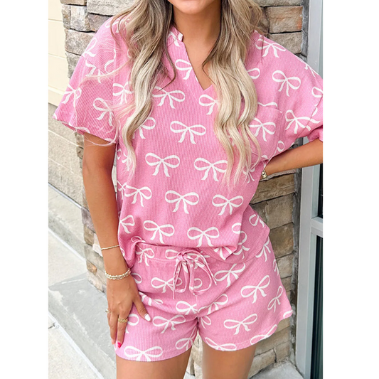 Only You Know, Short Sleeve Bowtie Print Short Set