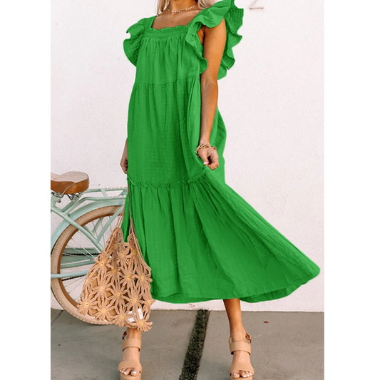 Off To Conquer The World, Short Ruffle Sleeve Midi Dress