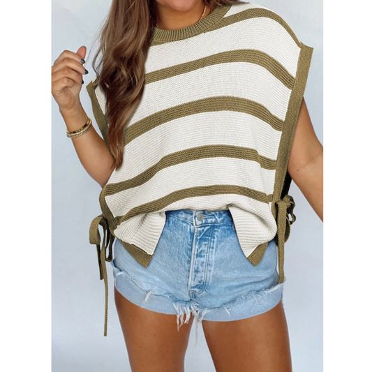 Simple Wishes. Short Sleeve Stripe Colorblock Summer Sweater with Side Ties
