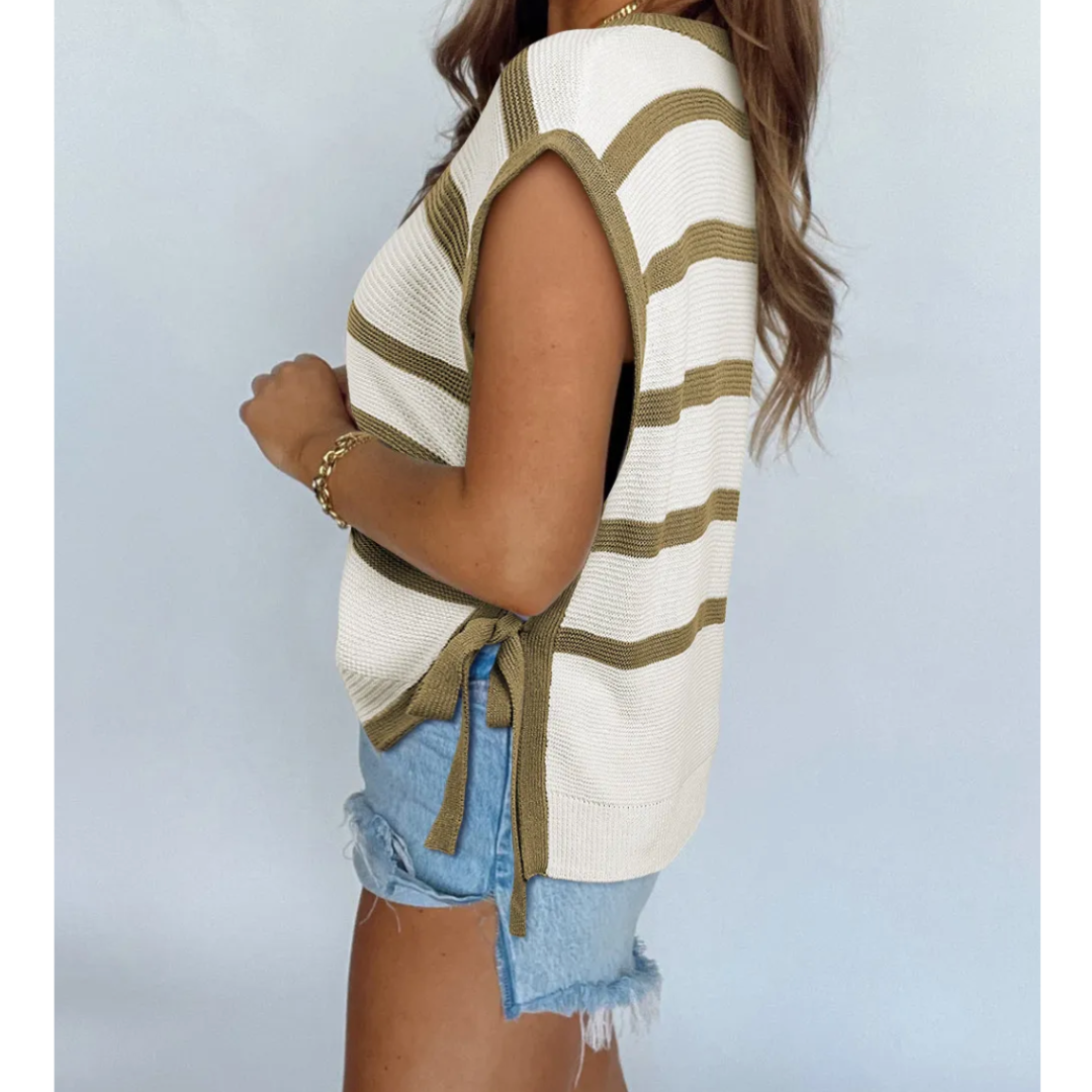 Simple Wishes. Short Sleeve Stripe Colorblock Summer Sweater with Side Ties
