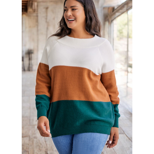 Feel Like Smiling, Long Sleeve Curvy Girl Colorblock Sweater