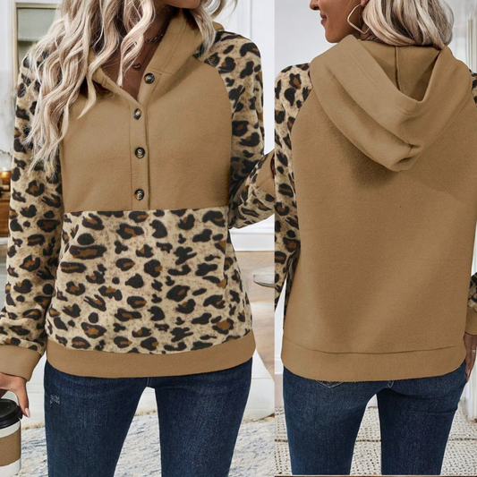 Fall in The Mountains, Long Sleeve Leopard Colorblock Hoodie