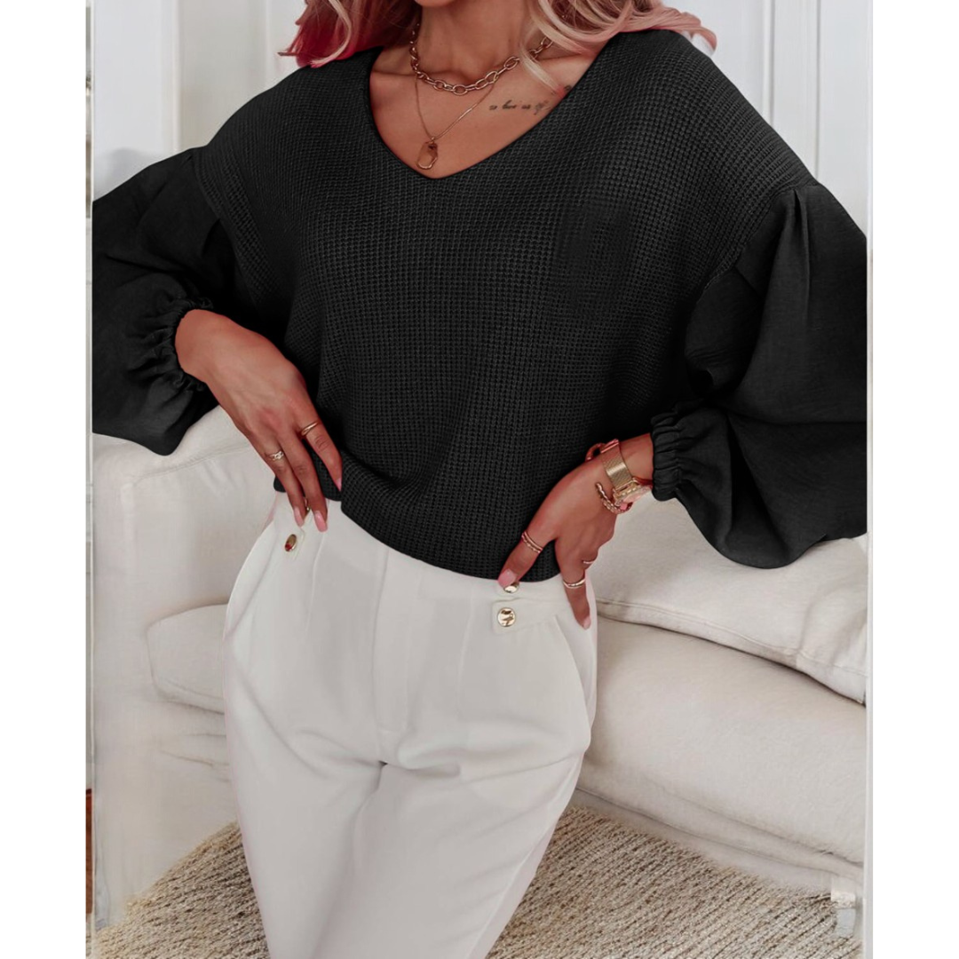 The Best Of You, Long Bubble Sleeve V Neck Waffle Knit Top