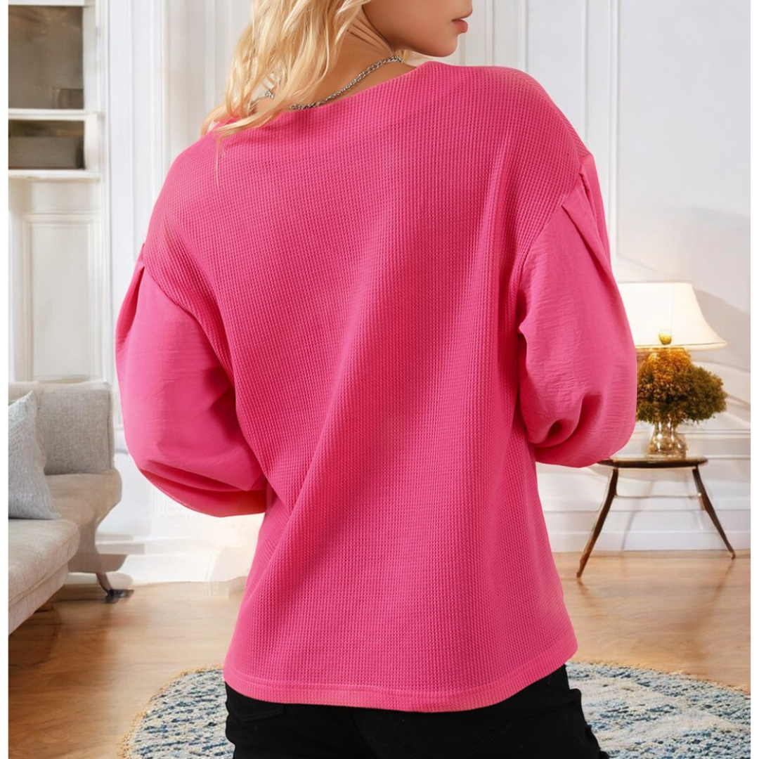 The Best Of You, Long Bubble Sleeve V Neck Waffle Knit Top