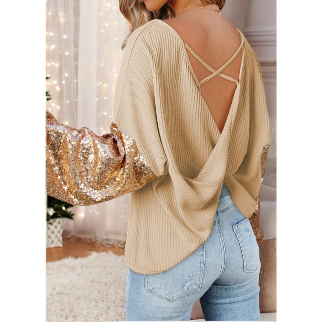 Be The Party, Sequin Long Sleeve Open Back Top