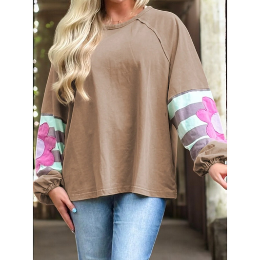 For The Win, Long Floral Sleeve Floral Top (1X-4X)