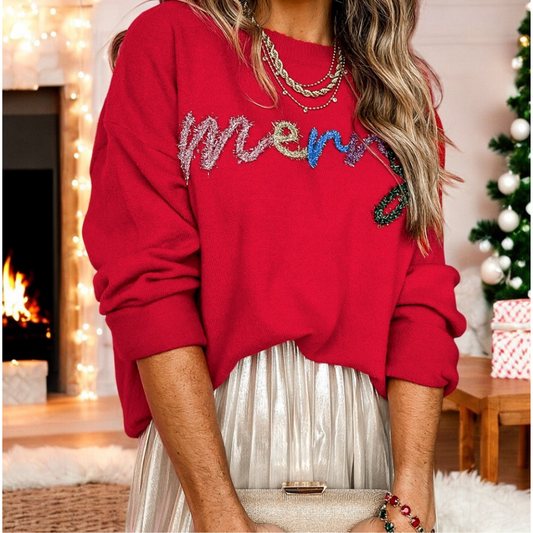 Merry All Day, Long Sleeve Tinsel Embroidered Sweater (Small-4X)