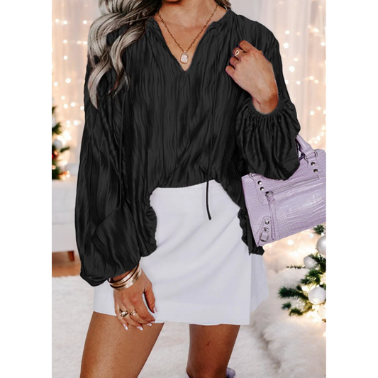 Romantic Night Out, Long Balloon Sleeve V Neck Blouse