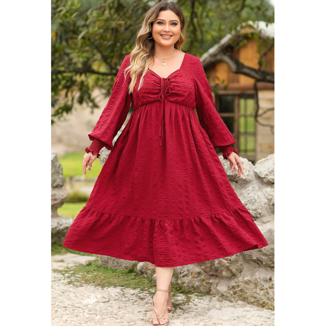 Twirl With Confidence, Textured Long Sleeve Midi Dress (1X–5X)
