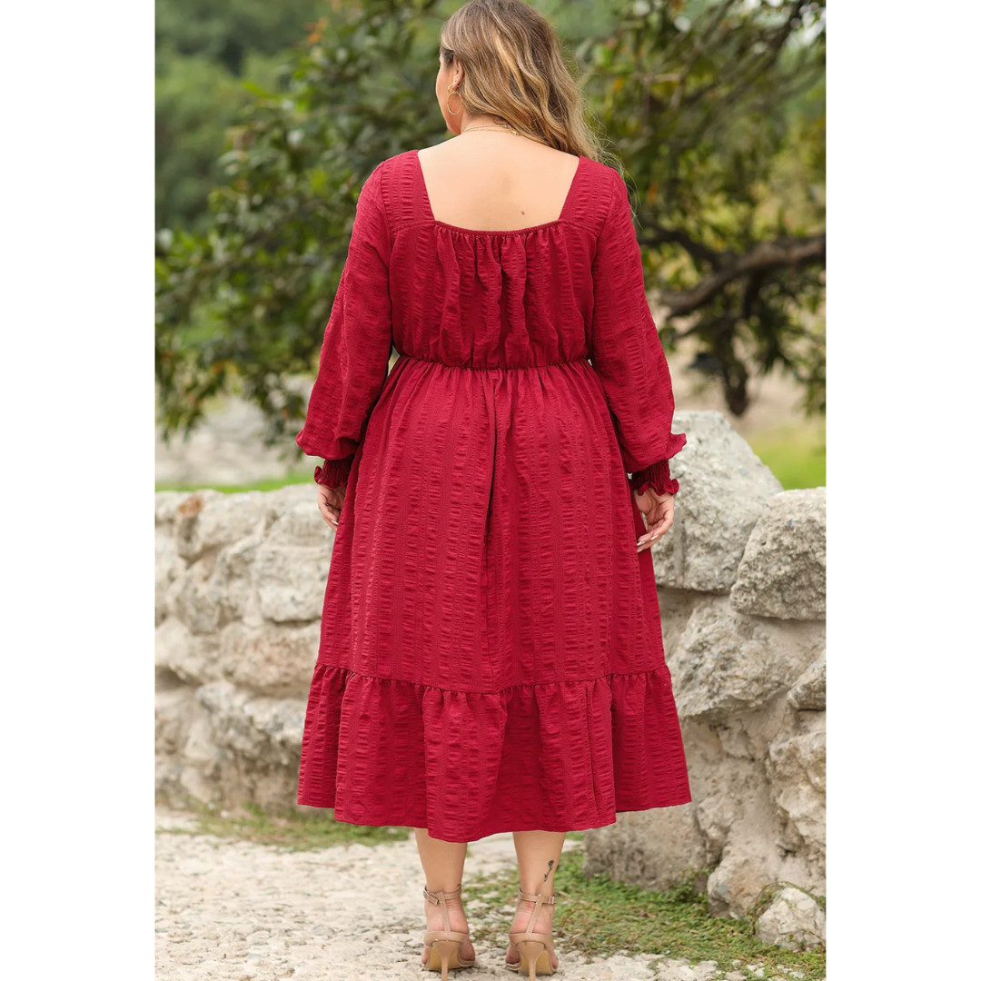 Twirl With Confidence, Textured Long Sleeve Midi Dress (1X–5X)