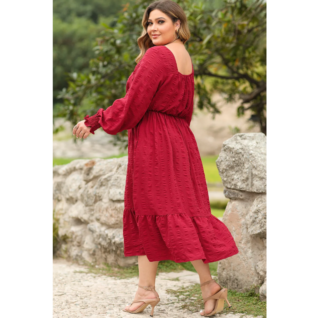 Twirl With Confidence, Textured Long Sleeve Midi Dress (1X–5X)