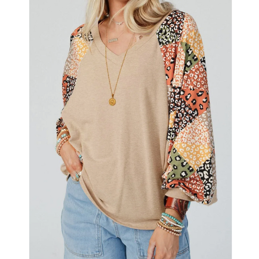 Wild Spirit, Patchwork Sleeve V Neck Top
